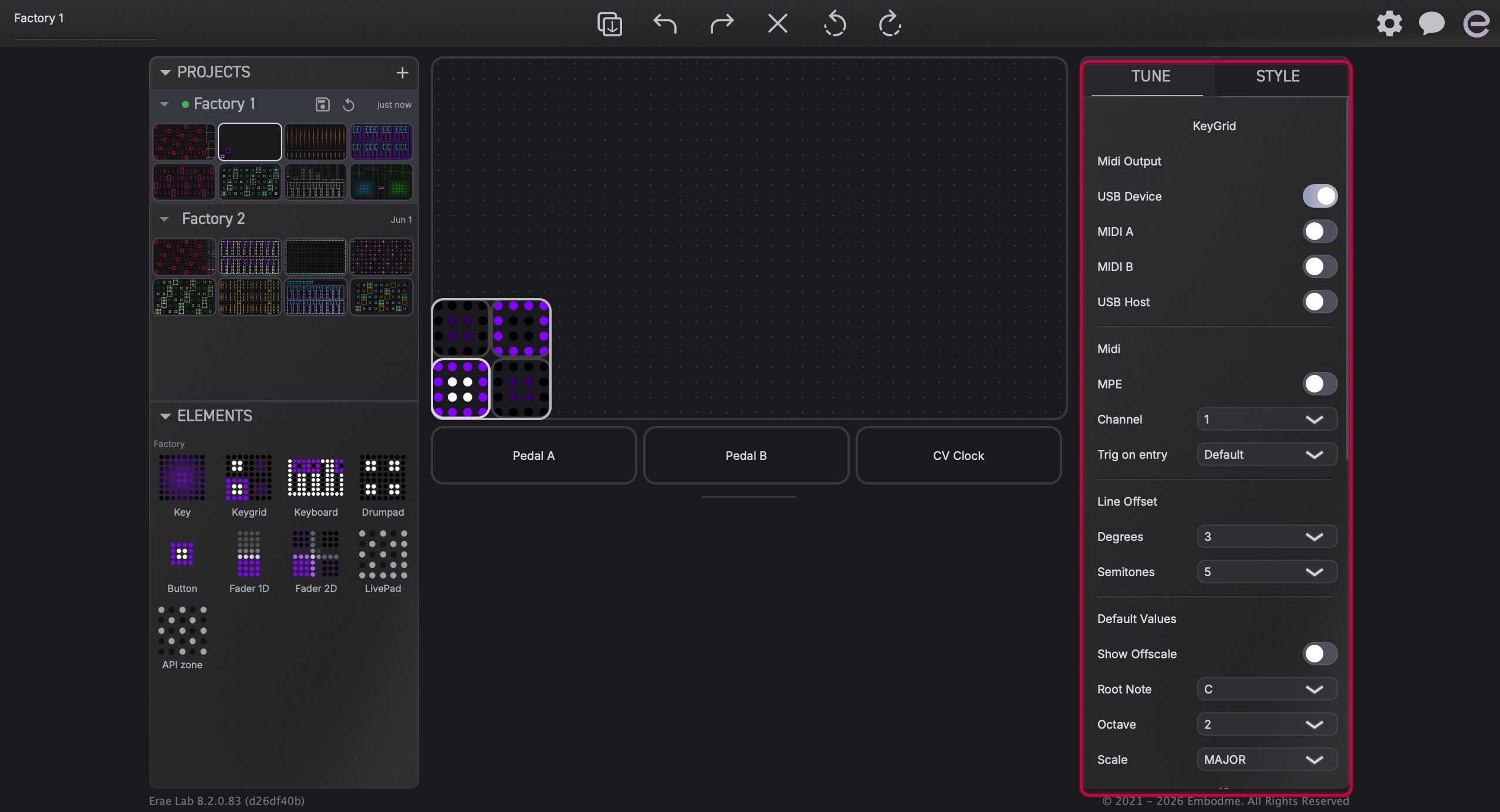 The Tune tab in Erae Lab showing settings for an isomorphic keyboard element