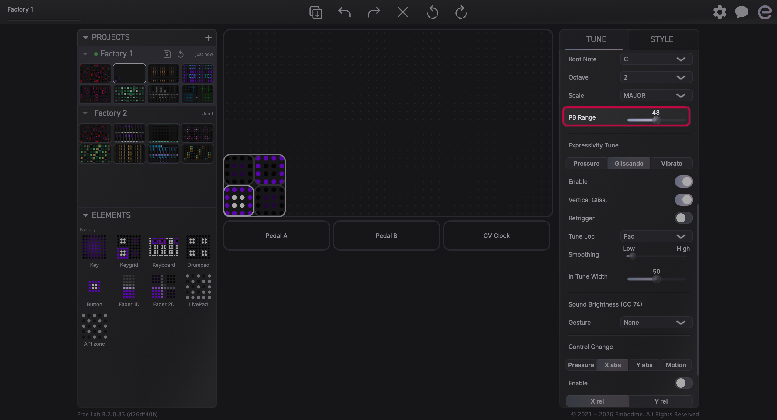 Erae Lab right panel with MPE checkbox enabled, master channel selector set to Channel 1, Nb channel = 7, and pitchbend range = 48 semitones