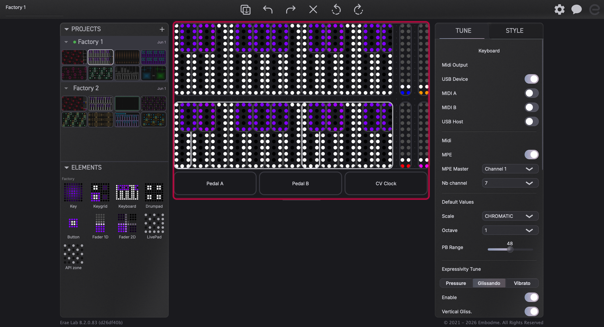 Erae Lab main window showing the canvas and connection status