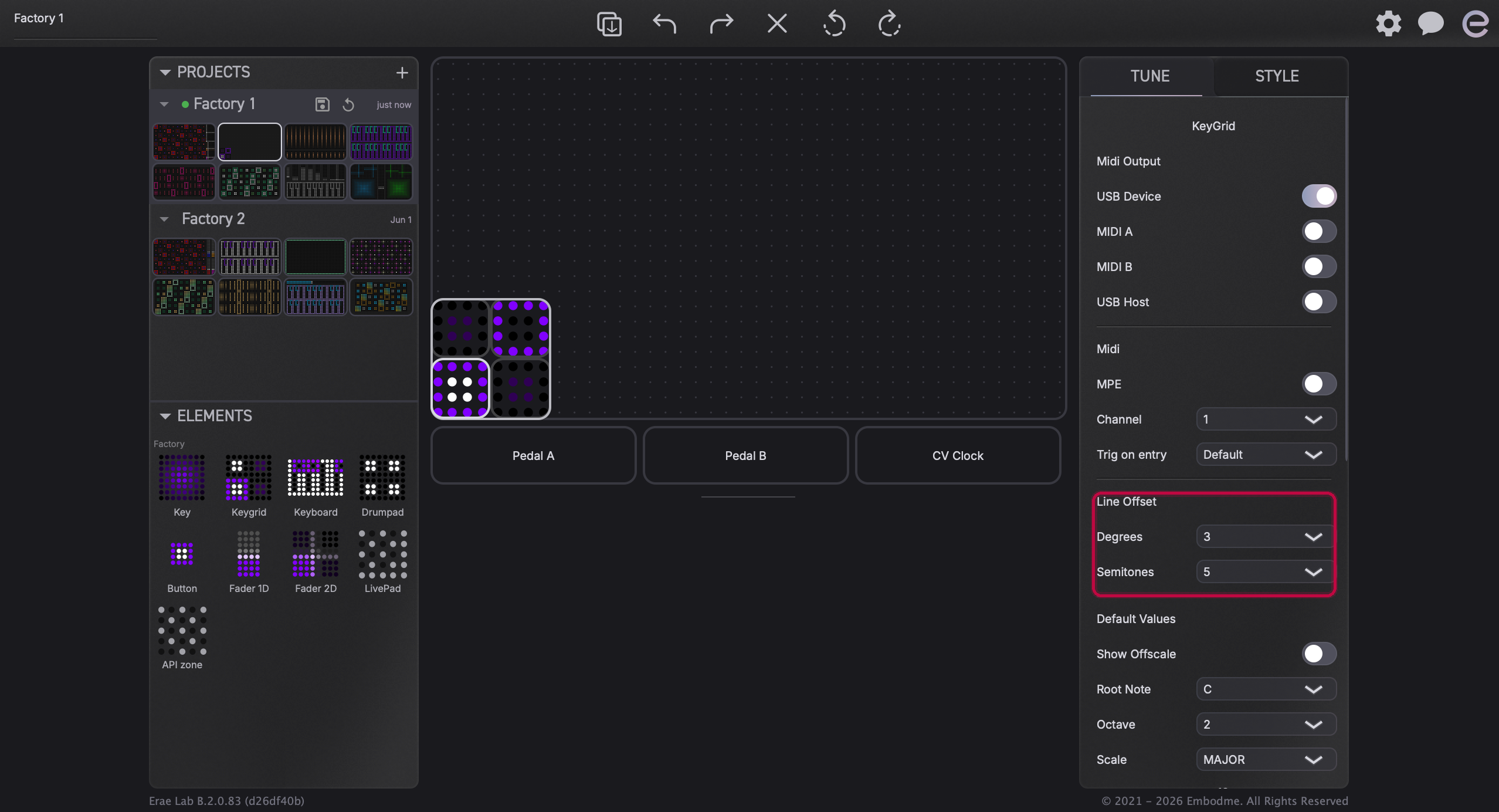Tune panel showing Line Offset controls with Semitones and Degrees selectors